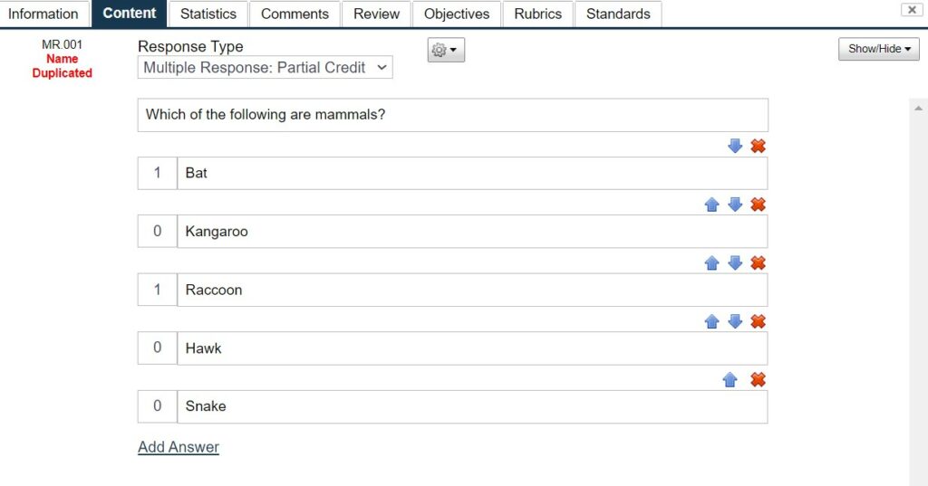 MR Item Type - Partial Credit - Author View - Overview of Item Types